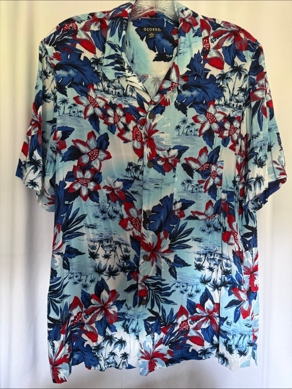 George Light Blue Hawaiian Shirt with Red & Navy Floral Print